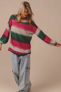 Striped knit top with crew neck, long sleeves; fuchsia, cream, dark green stripes