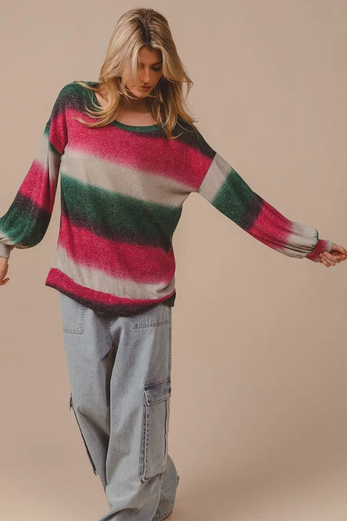 Striped knit top with crew neck, long sleeves; fuchsia, cream, dark green stripes