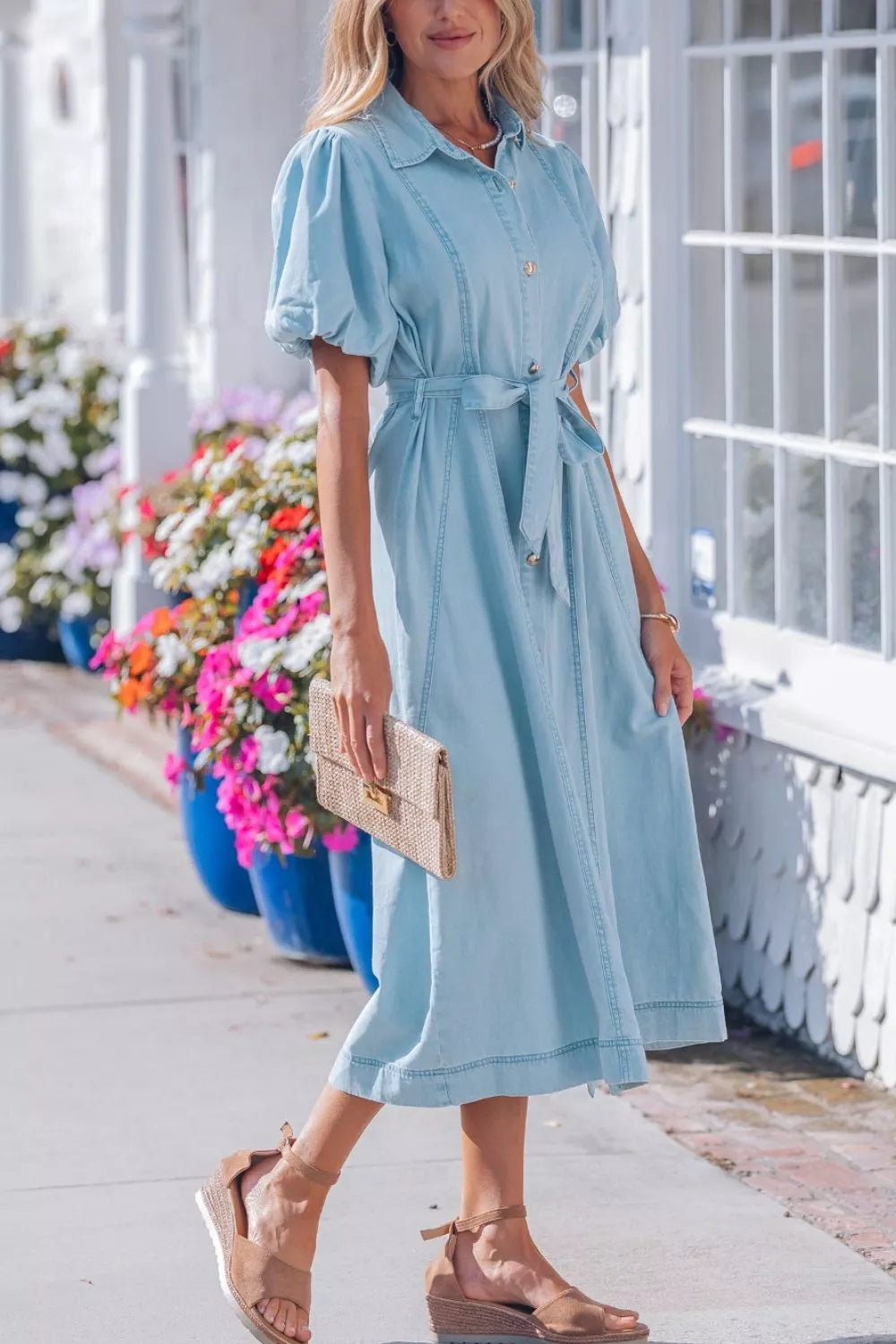 Cedar & Moore Full Buttons Collared Short Bubble Sleeve Long Denim Dress, light blue denim, belted, Trendsi