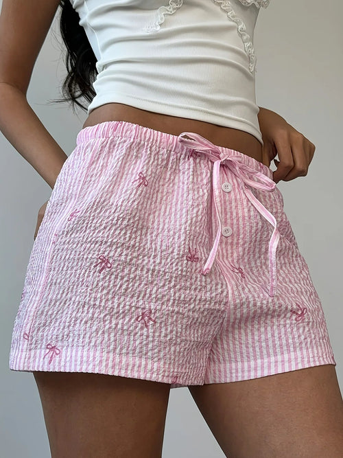 Pink striped drawstring casual shorts with bow embroidery and button front