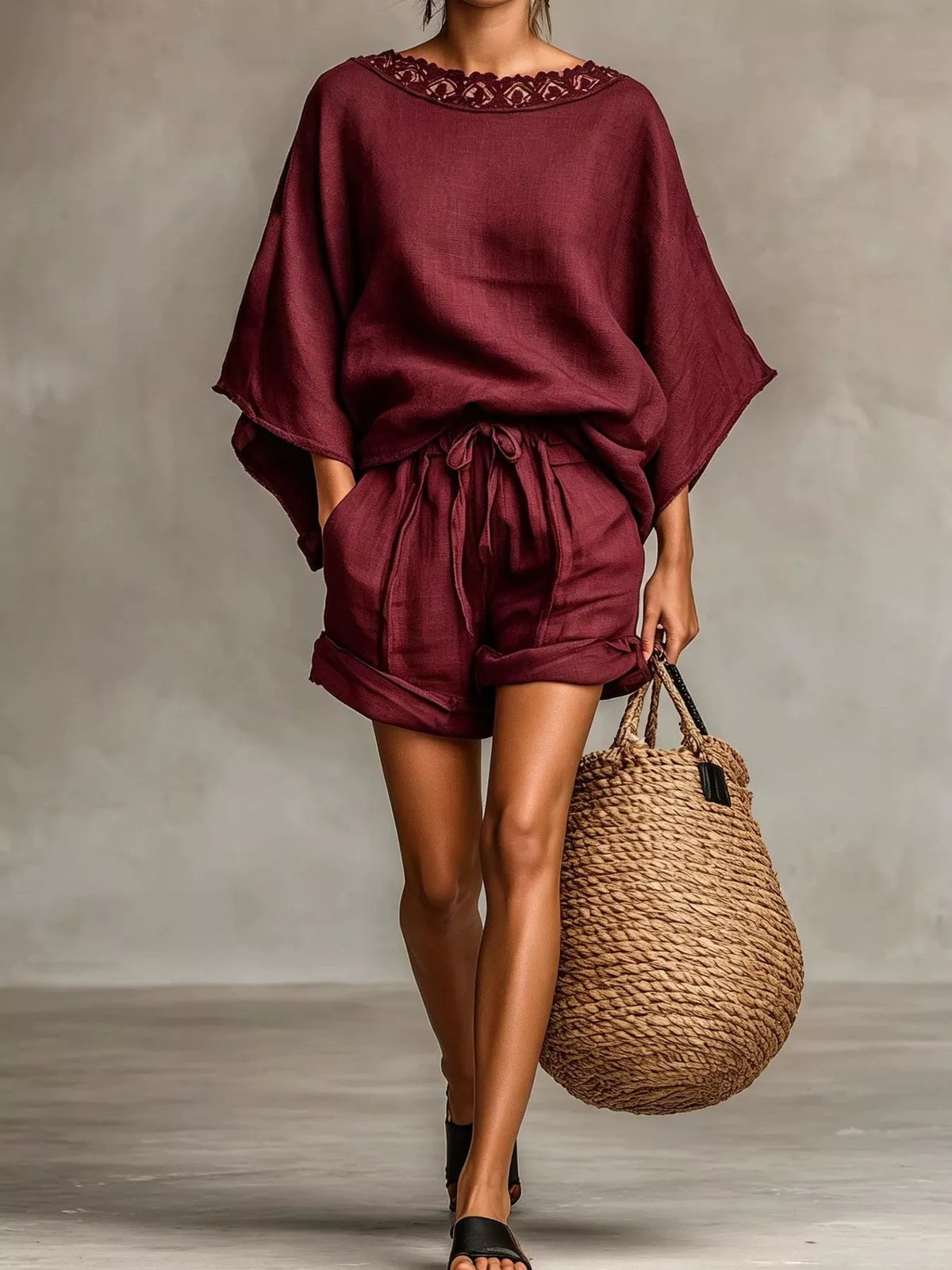 Burgundy oversized lace-trim top and drawstring shorts set, loose batwing sleeves