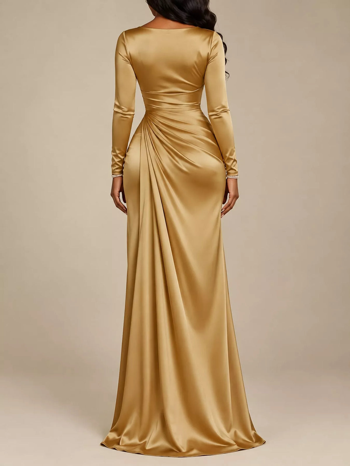 Gold satin cowl neck maxi dress back view with long sleeves and high slit