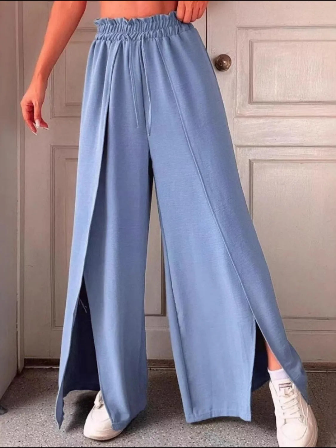 Dusty blue slit wide-leg pants with elastic waist and drawstring, side slit hem