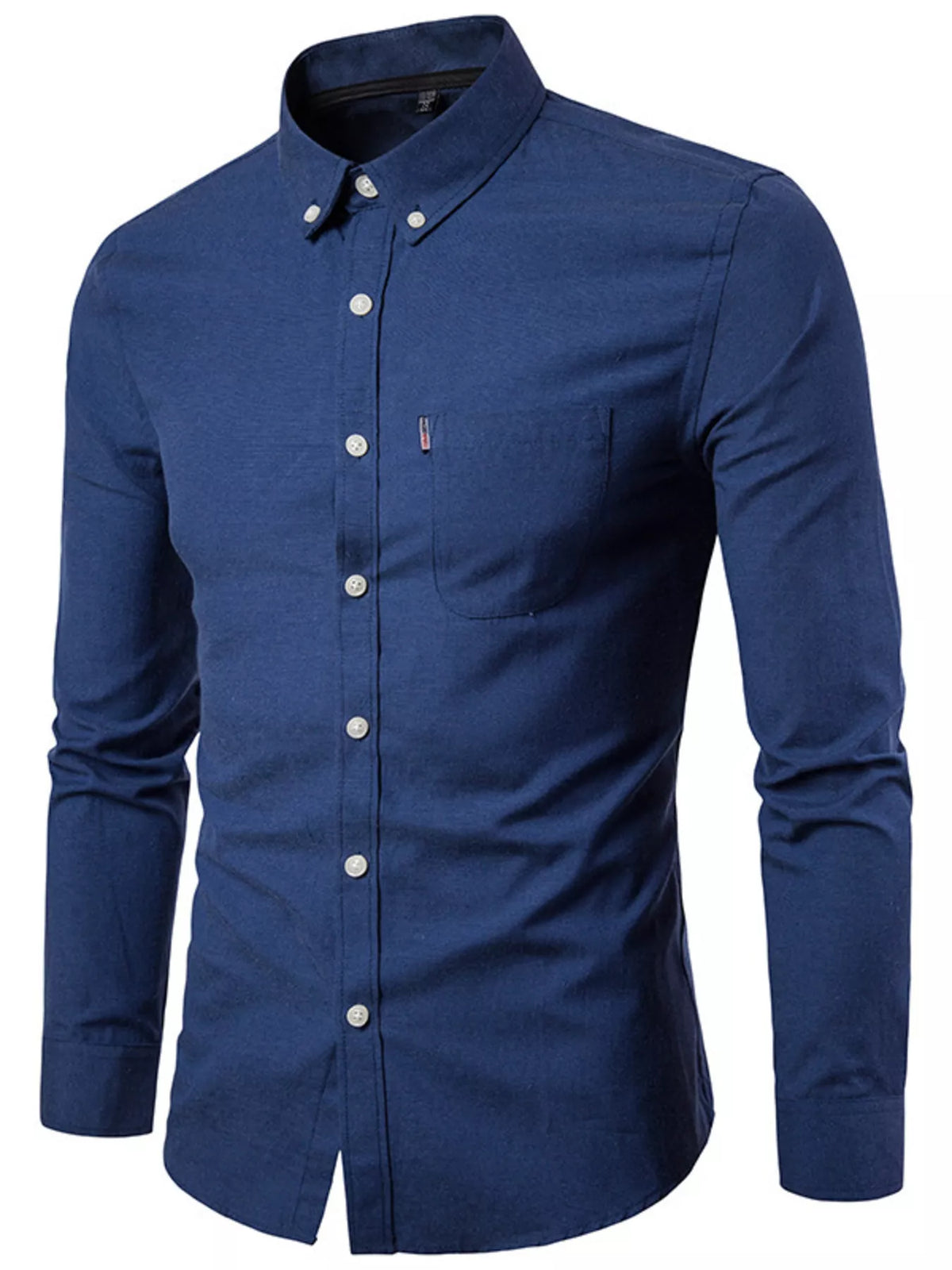 Men's slim fit long sleeve stretch shirt, navy blue button-down with chest pocket