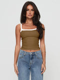 Olive cropped cami with white lace trim at neckline and spaghetti straps