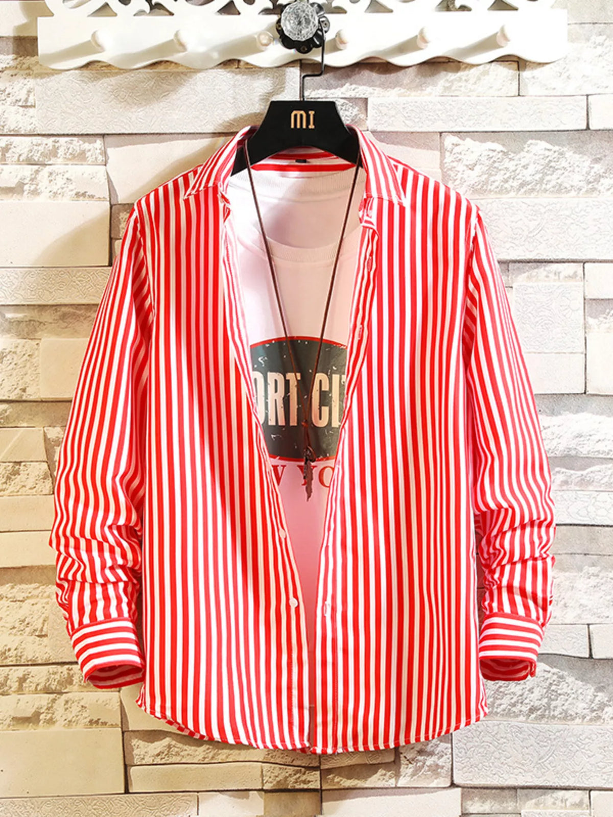 Men's striped casual button-up shirt in red with white vertical stripes