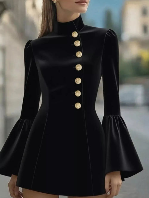Black bell-sleeve mini dress with front button placket and gold buttons.