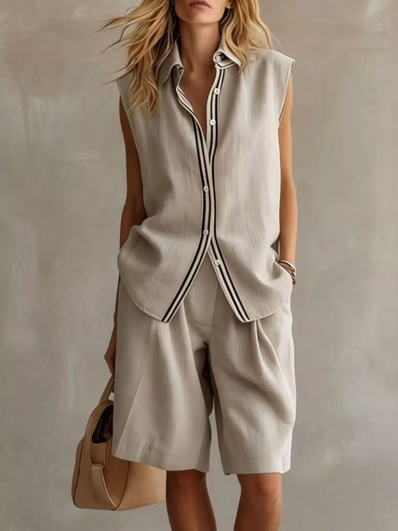 Sleeveless button-up top and shorts set, cream with contrast trim and matching shorts