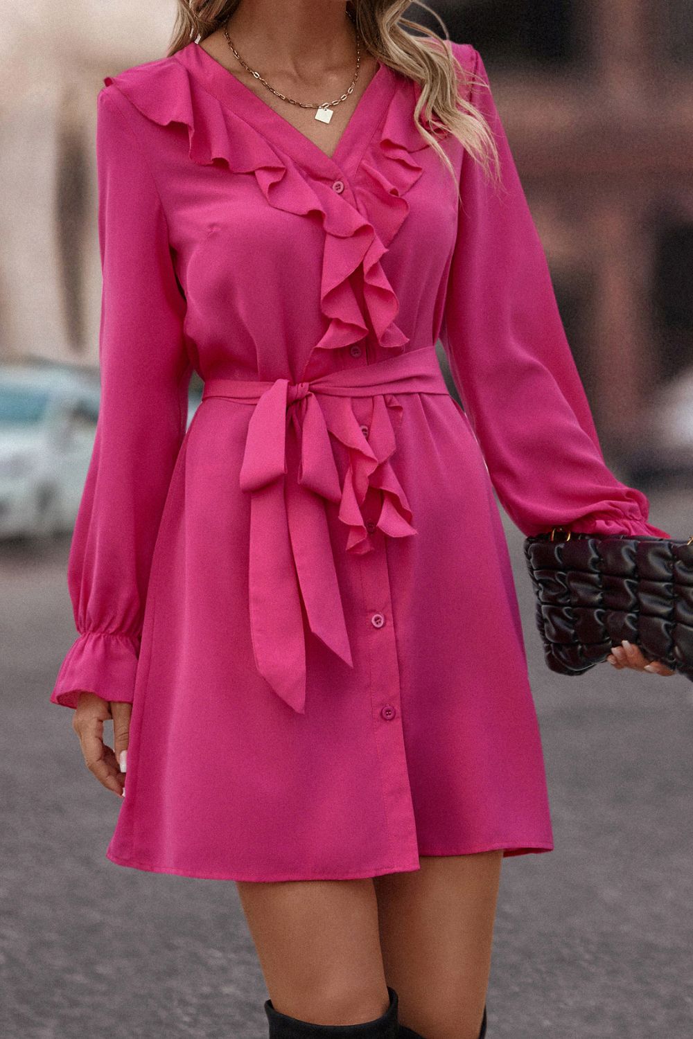 Magenta V-neck belted dress with layered ruffle neckline and long flounce sleeves