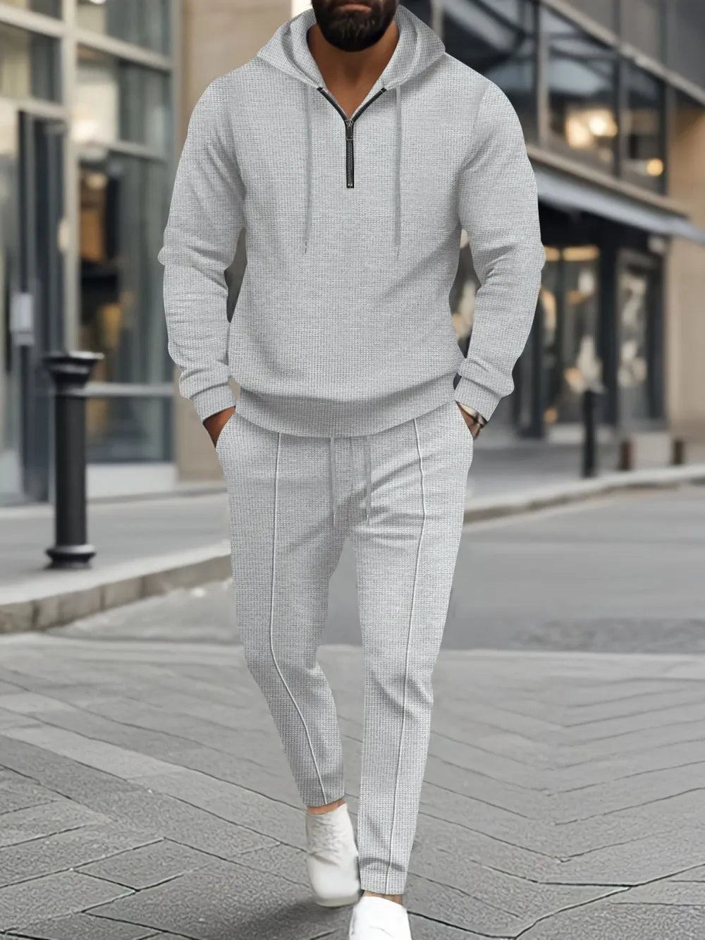Men's waffle-knit half-zip hoodie and pants set, light gray