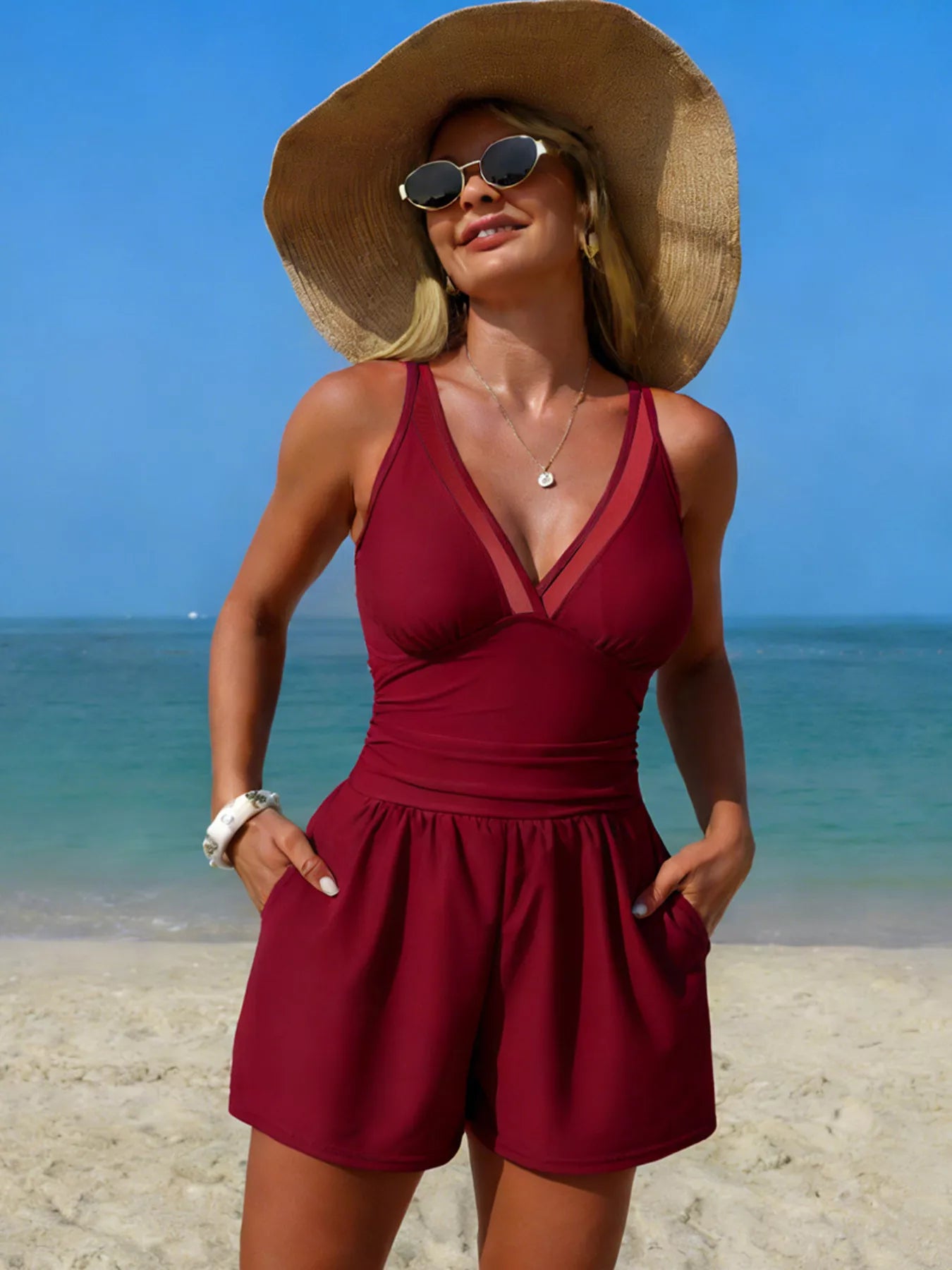 V-Neck One-Piece Swimsuit with Pockets by Trendsi in burgundy