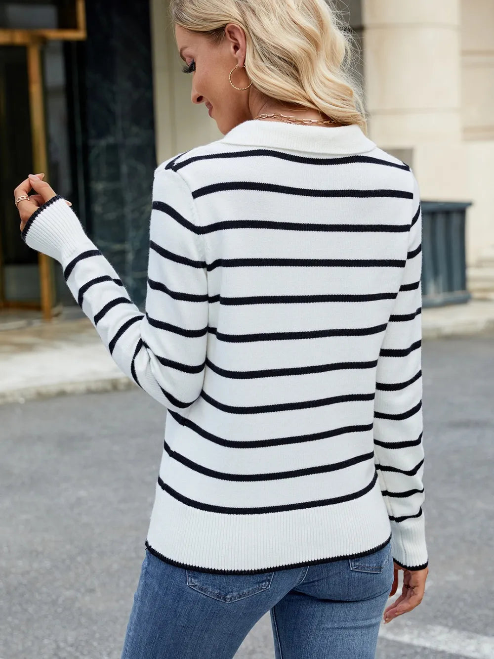 Striped Johnny-collar sweater in white with black horizontal stripes, back view