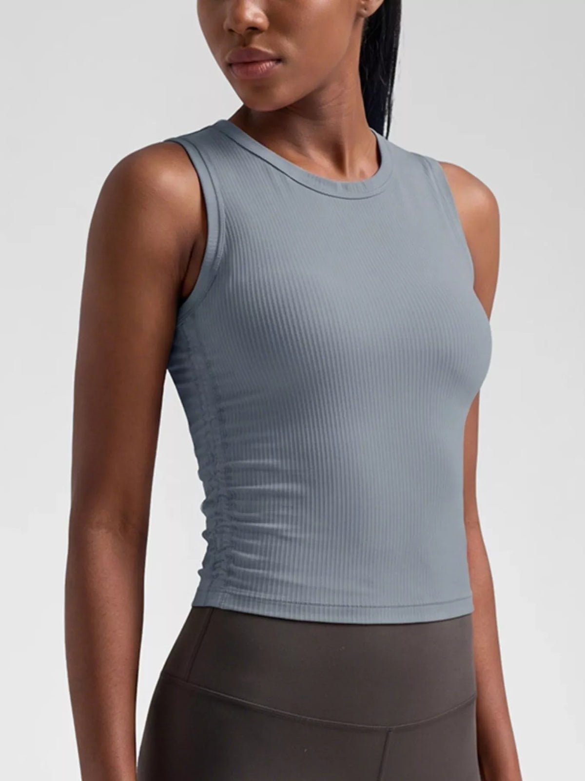 Women’s air force blue ribbed ruched active fitness tank top with crew neckline