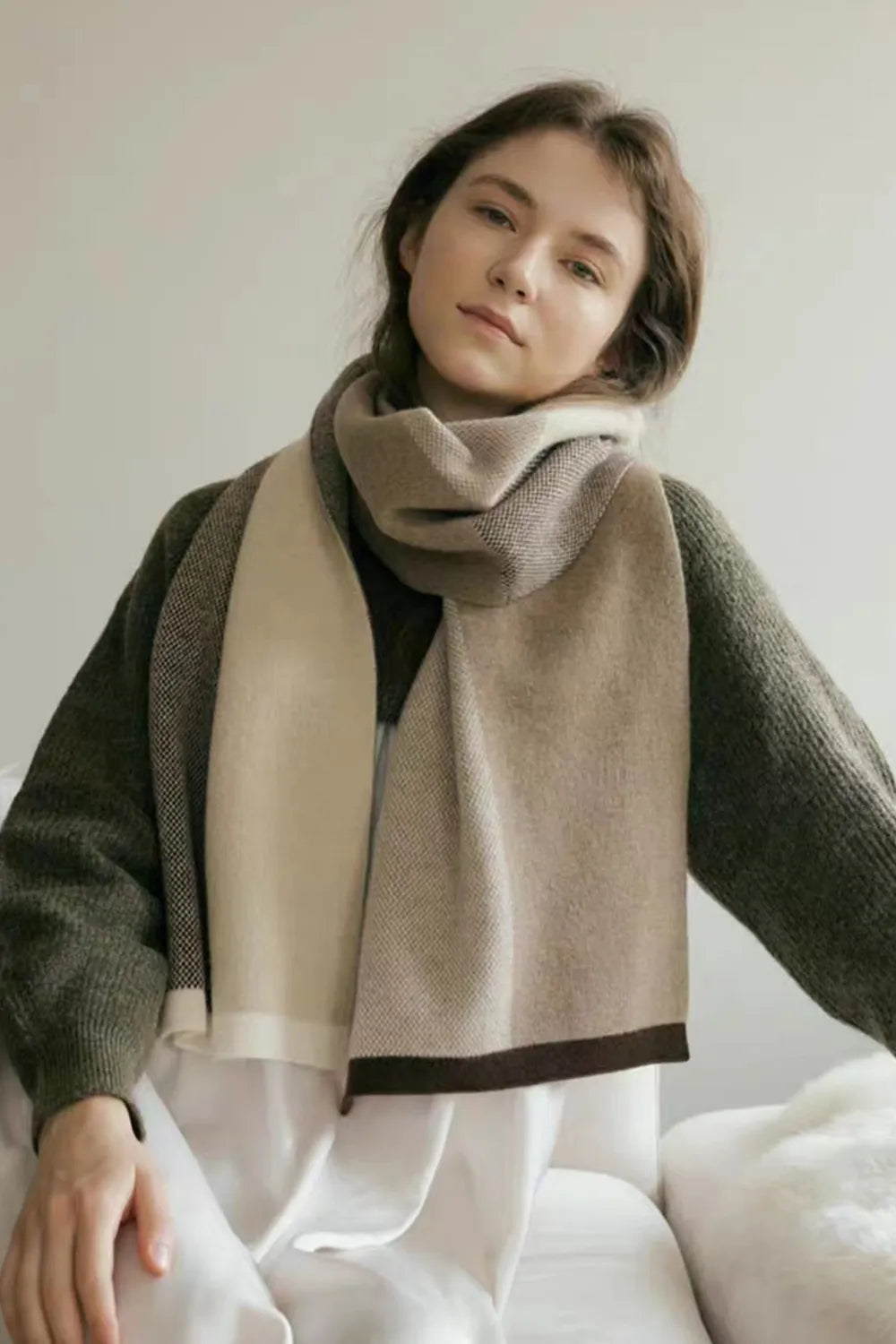 Contrast acrylic scarf with taupe center panel and brown outer sections, long drape