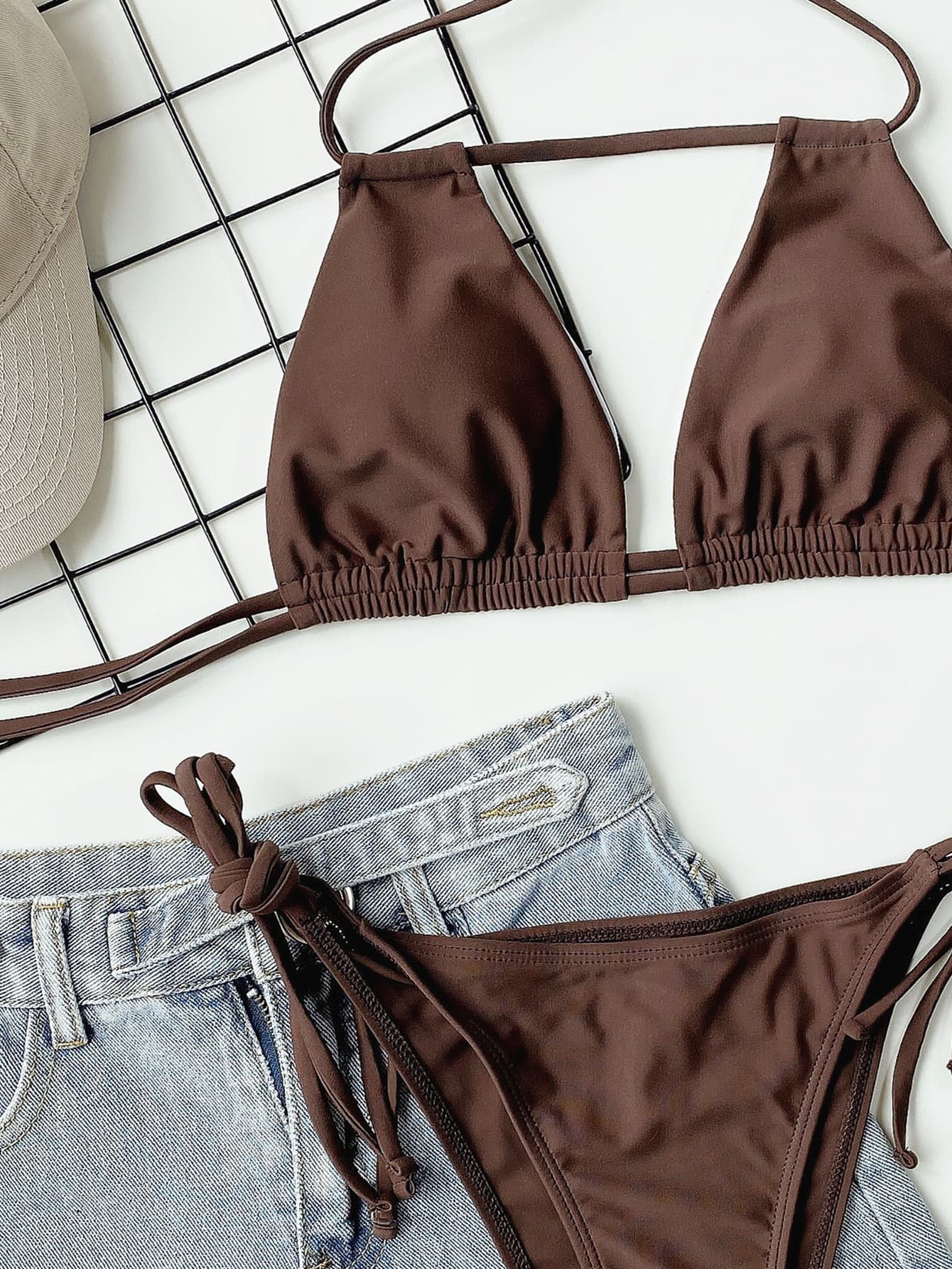 Chocolate halter bikini set, triangle top with ruched neckline and tie-side bottoms