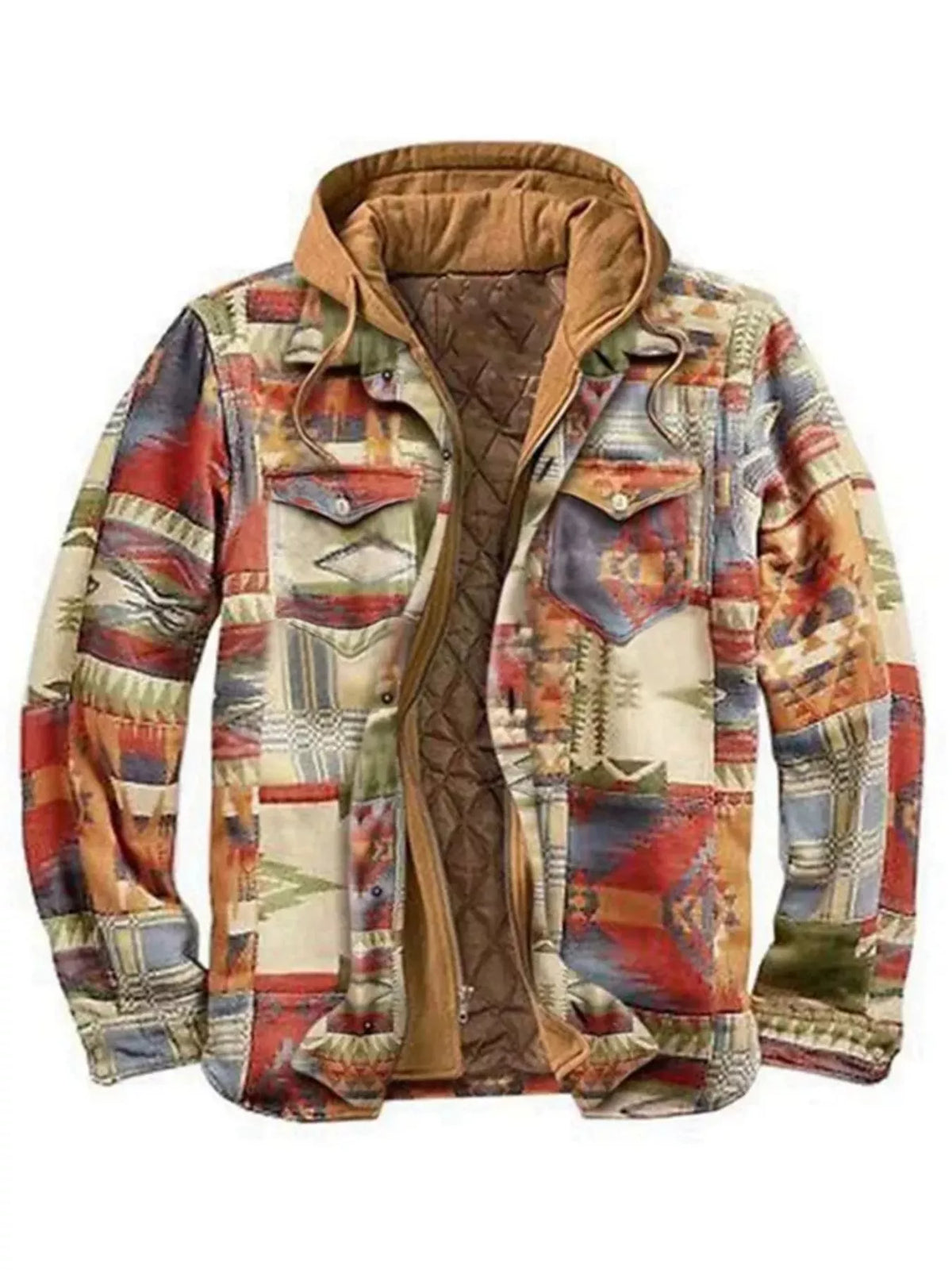 Men's multicolor plaid hooded quilted jacket with tan hood, zip front, and chest pockets