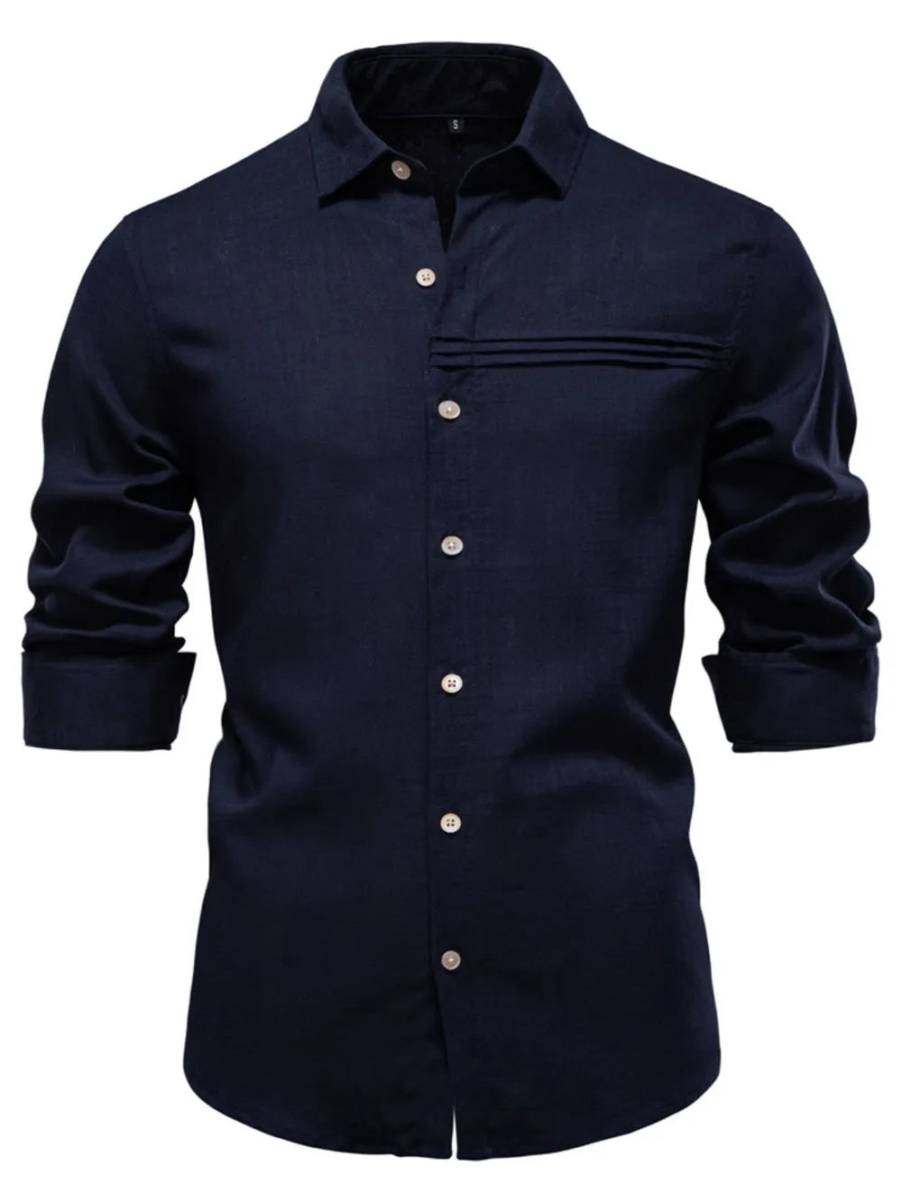 Men's button down shirt, navy long-sleeve with collar and button front, chest pocket