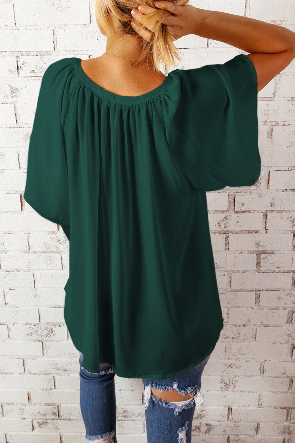 Deep green gathered notched neck flutter sleeve top