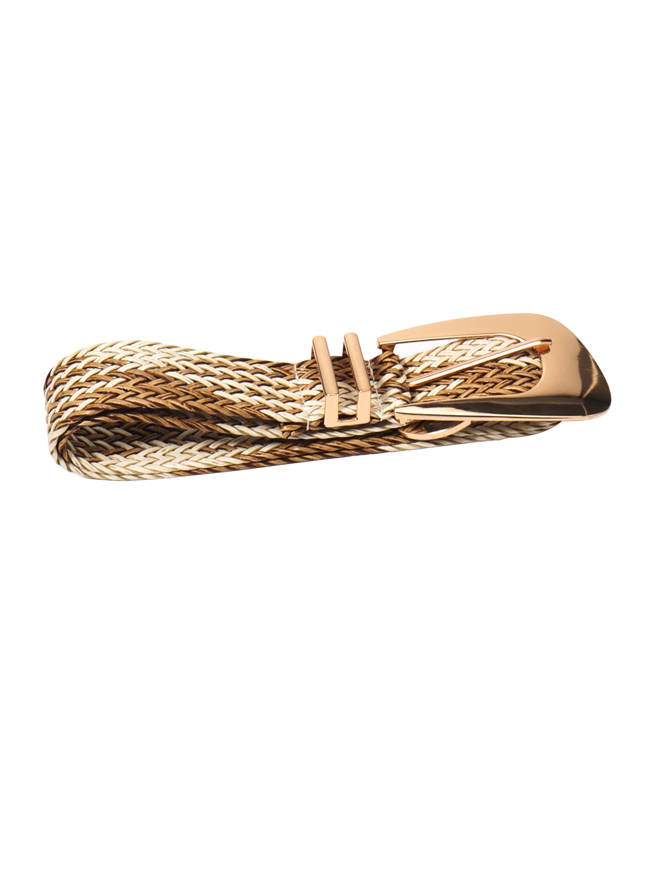 Camel braided belt with irregular gold-tone buckle and metal clasp