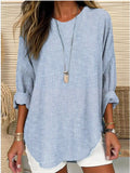 Women's striped long-sleeve blouse in light blue with split neckline