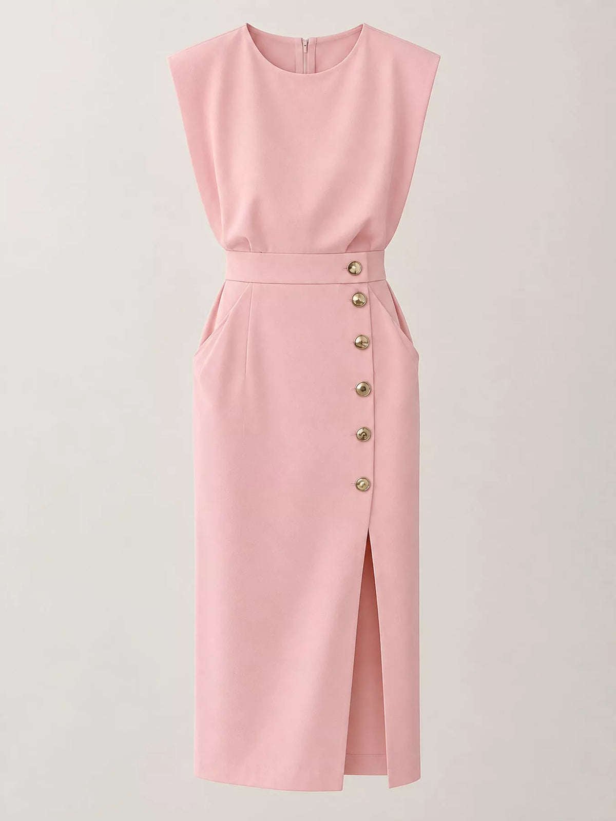 Pink sleeveless midi dress with gold button detailing and front slit