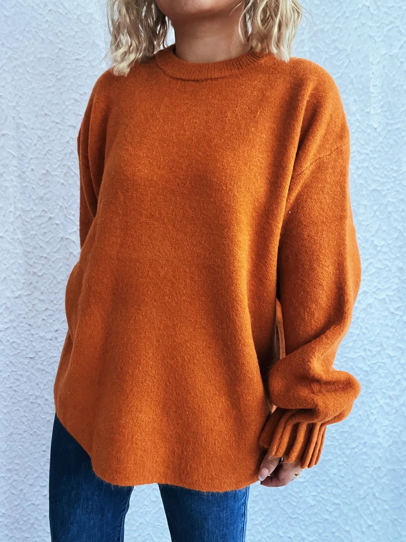 Dropped-shoulder sweater, rust orange, round neckline, long sleeves