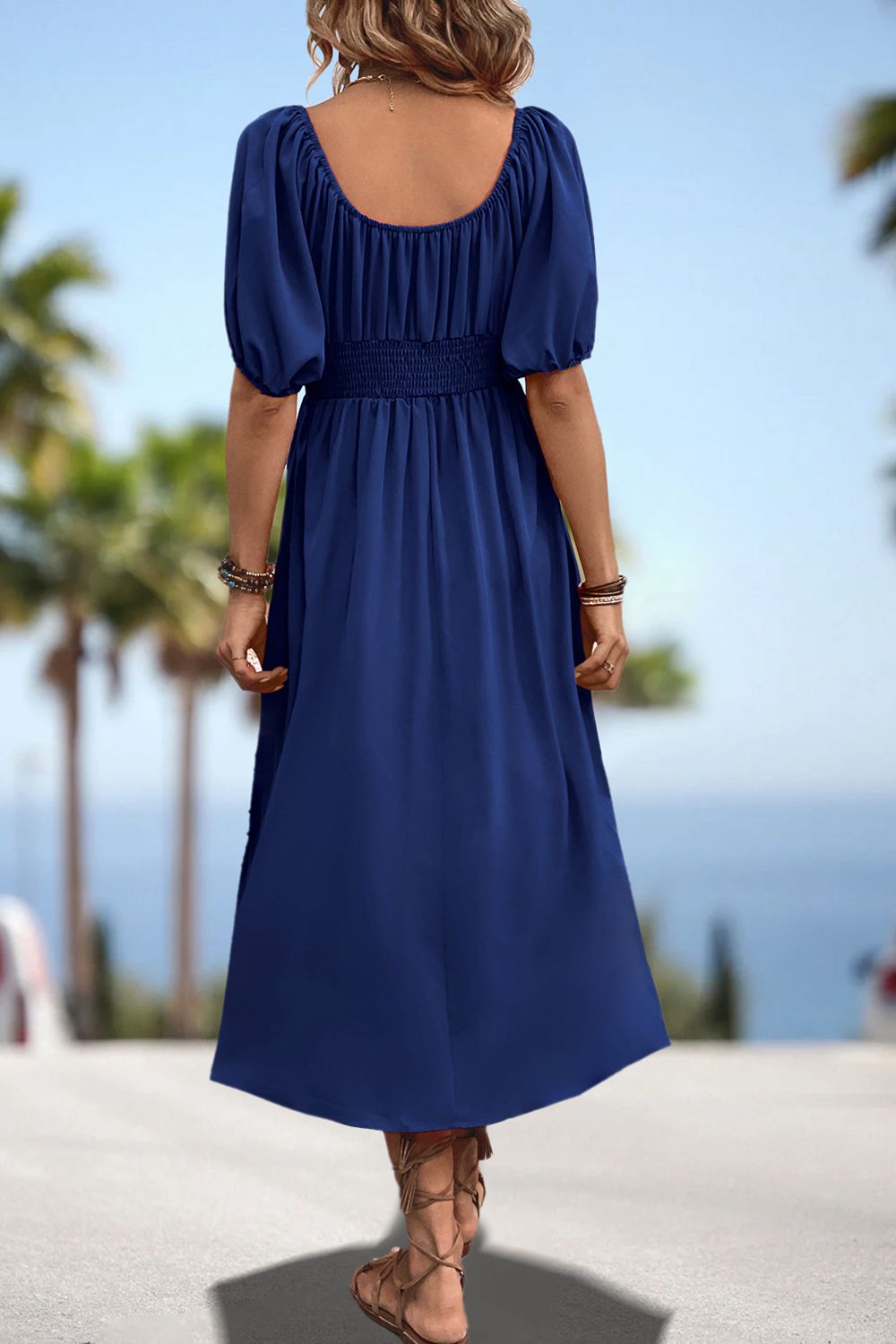 Dark blue square-neck smocked waist puff sleeve midi dress, back