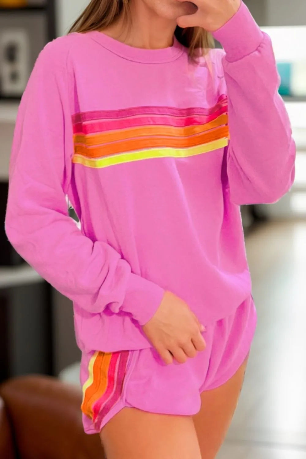 Round-neck top and shorts set in fuchsia pink with rainbow contrast stripe
