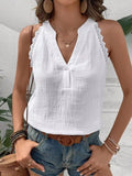 Cedar & Moore Lace Trim Notched Textured Tank, white with lace-detail armholes, Trendsi.