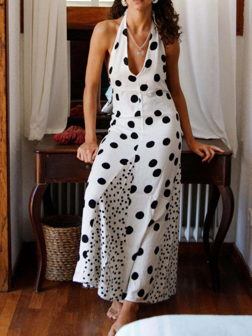 White polka dot backless halter maxi dress with sleeveless V-neck cutout