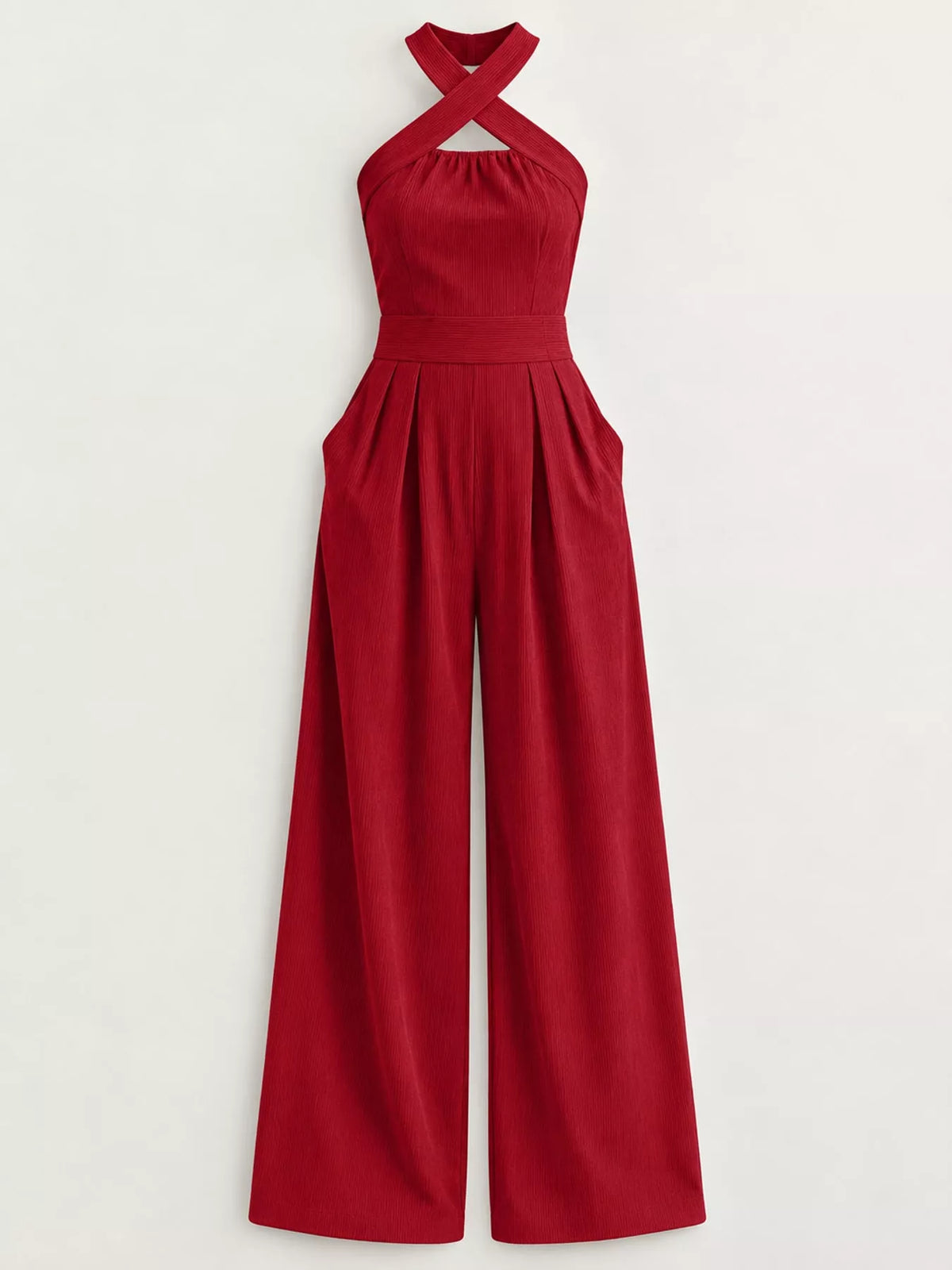 Red halter wide-leg jumpsuit with gathered bodice and crossover neck strap