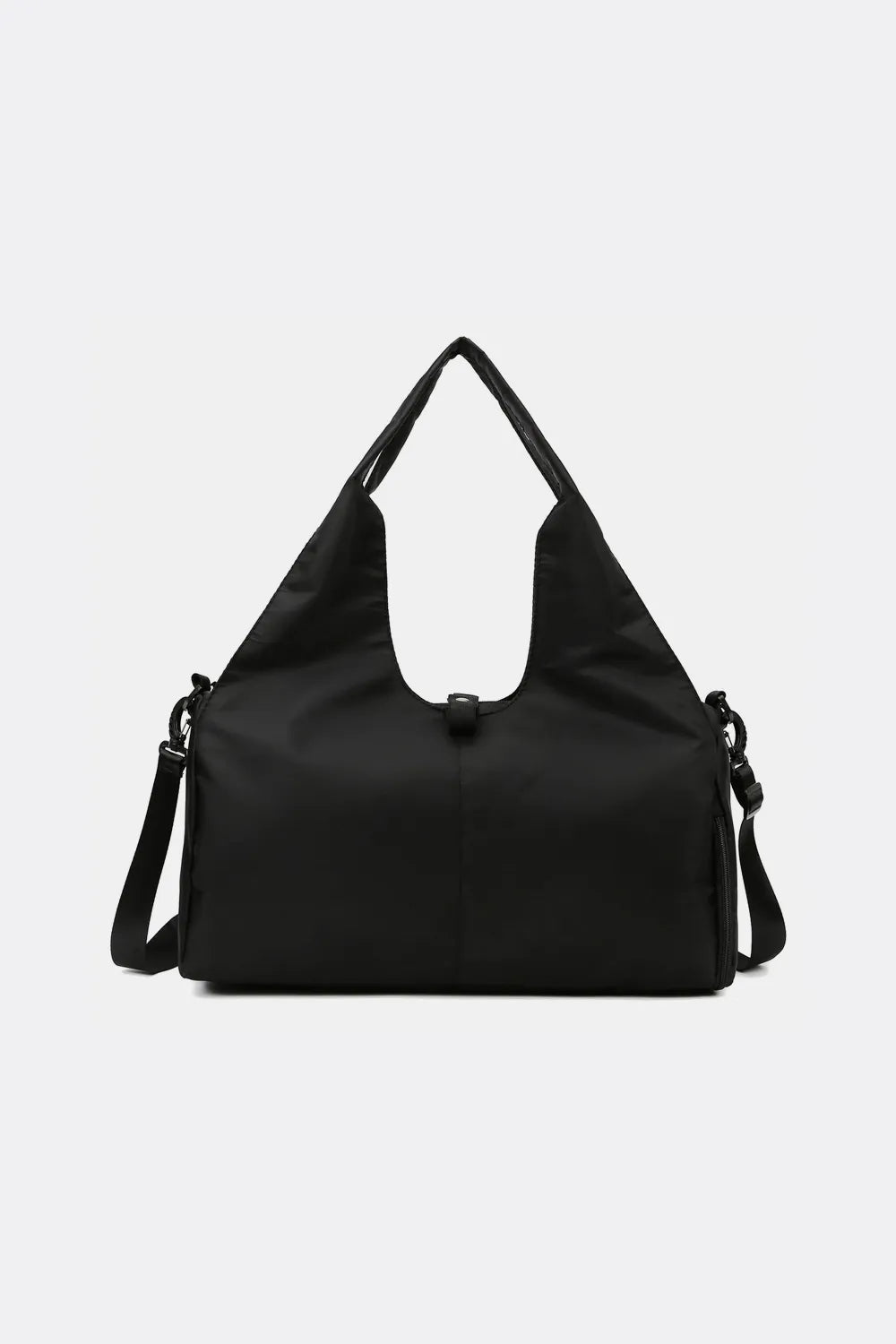 Waterproof travel tote bag in black with top handle and side straps.