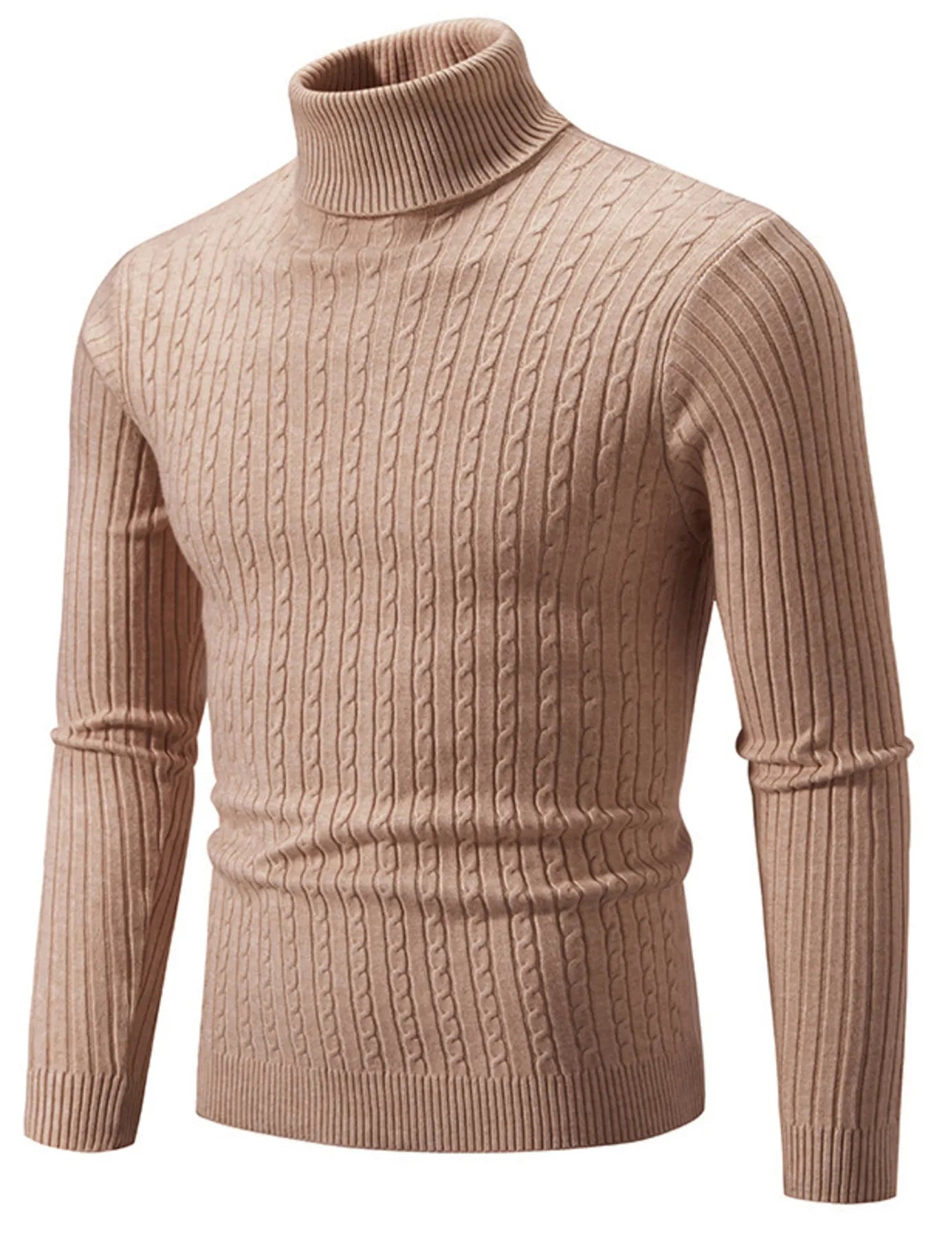Men's plus size ribbed turtleneck sweater in tan, long sleeves, ribbed knit texture.