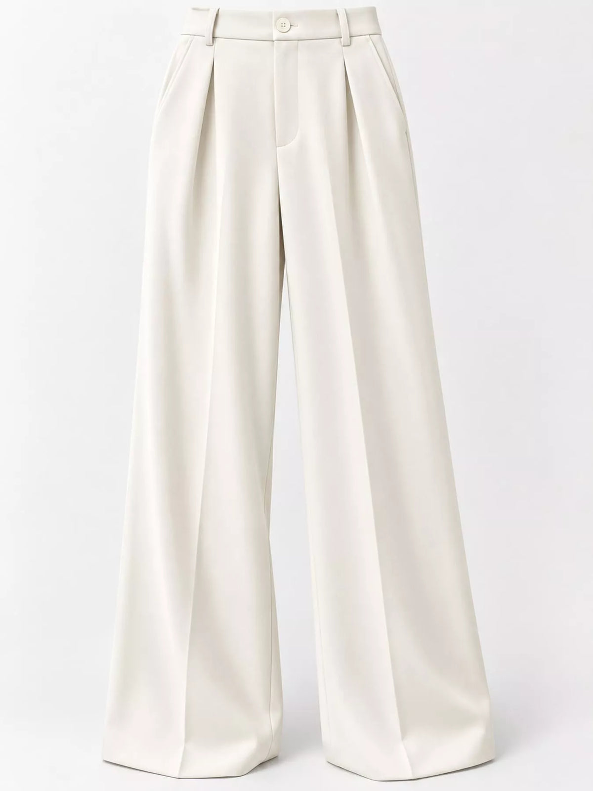Off-white high-waisted pleated wide-leg pants, front creased legs and button waistband