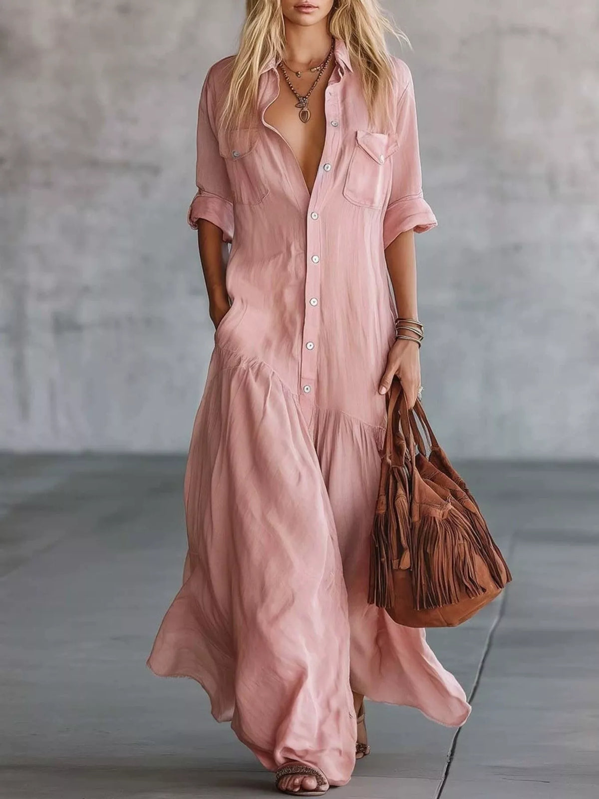 Pink button-front maxi dress with roll-up sleeves and patch pockets