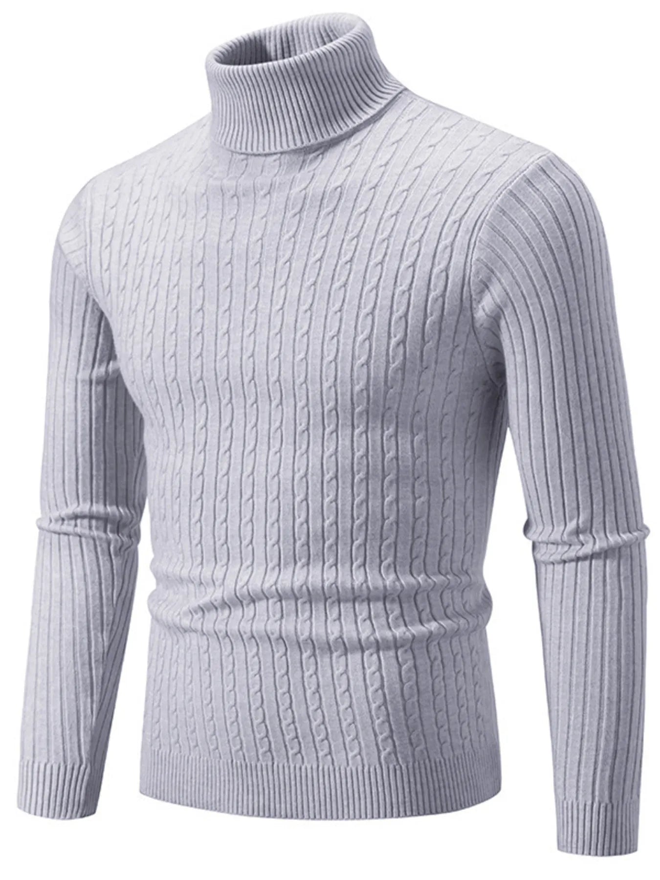 Light gray ribbed turtleneck long sleeve sweater, knit cable texture