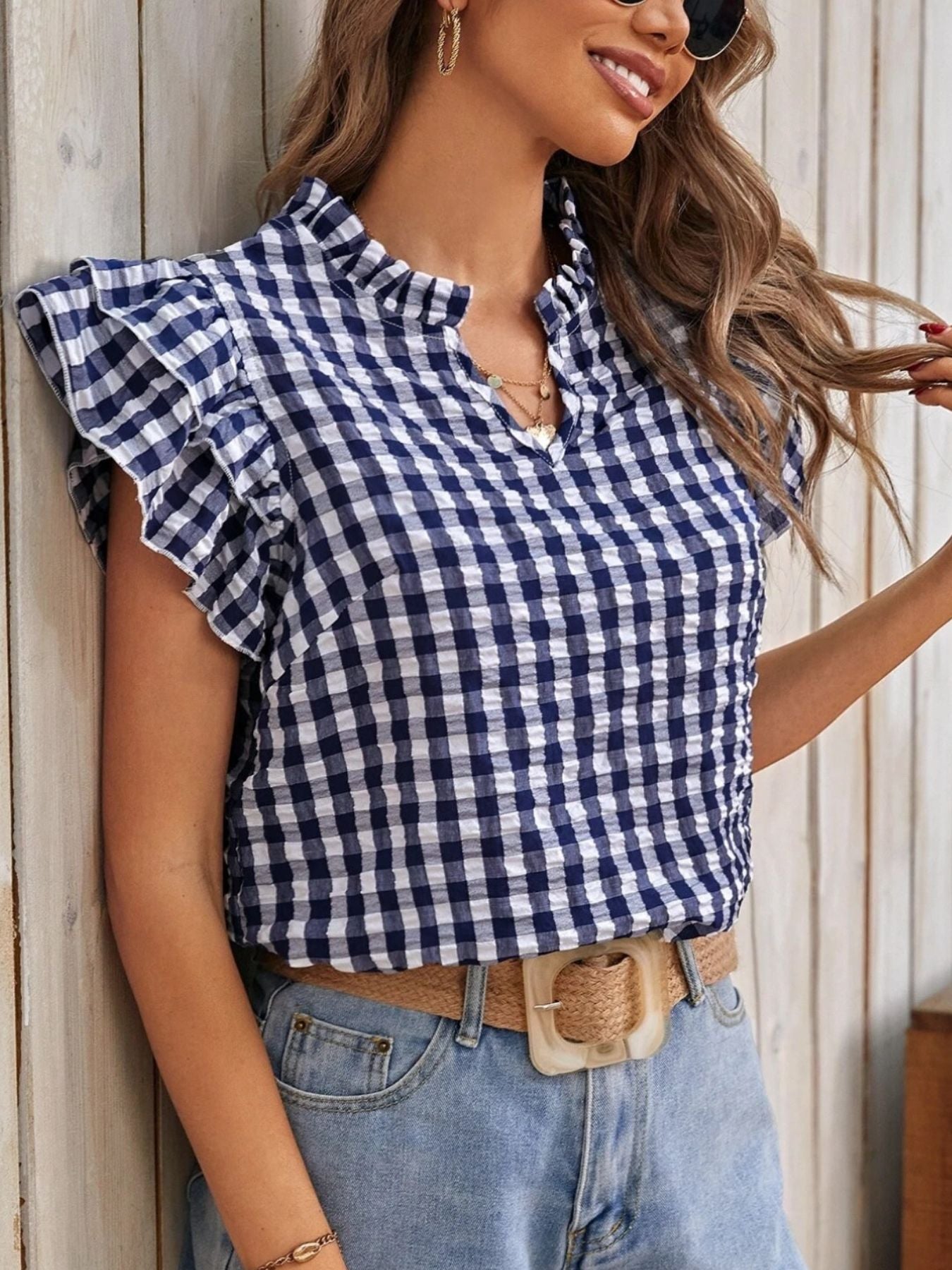 Gingham Ruffle Sleeve Blouse navy and white check with ruffled short sleeves