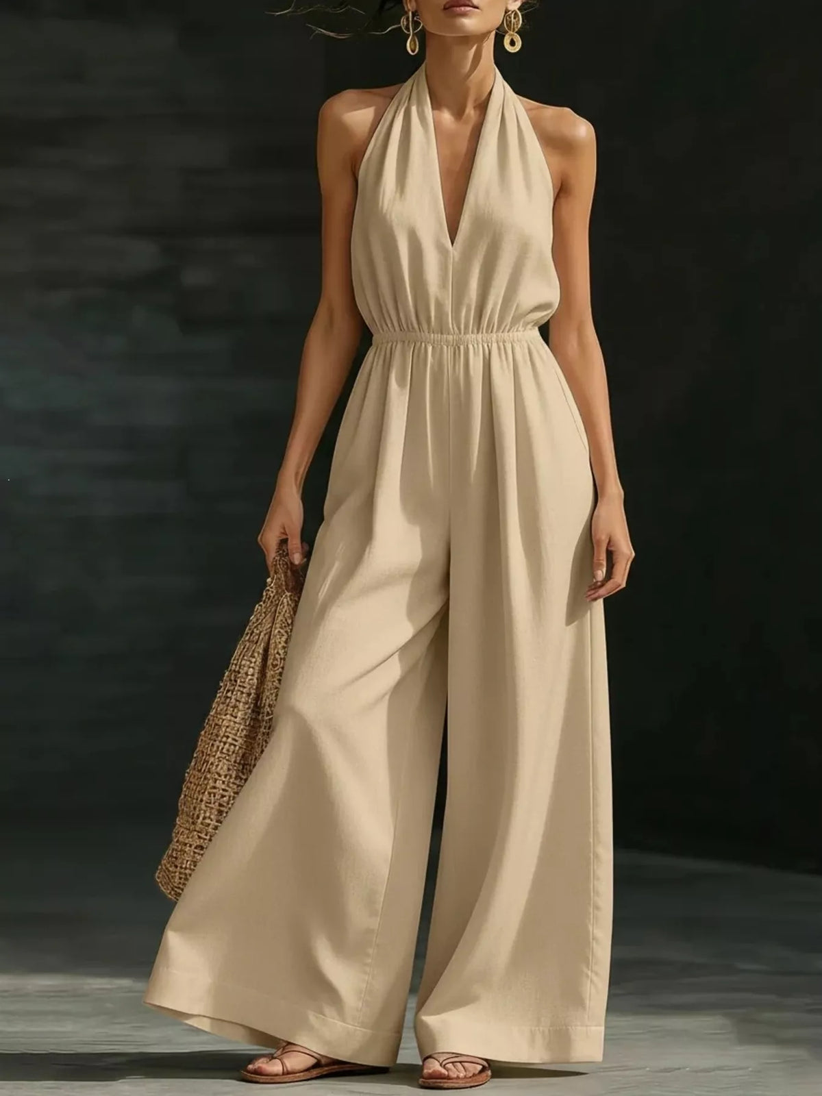 Apricot halter-neck wide-leg jumpsuit with deep V neckline and gathered waist