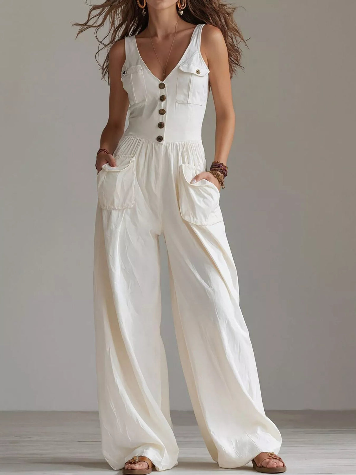 White sleeveless jumpsuit with button front, chest pockets, wide-leg silhouette