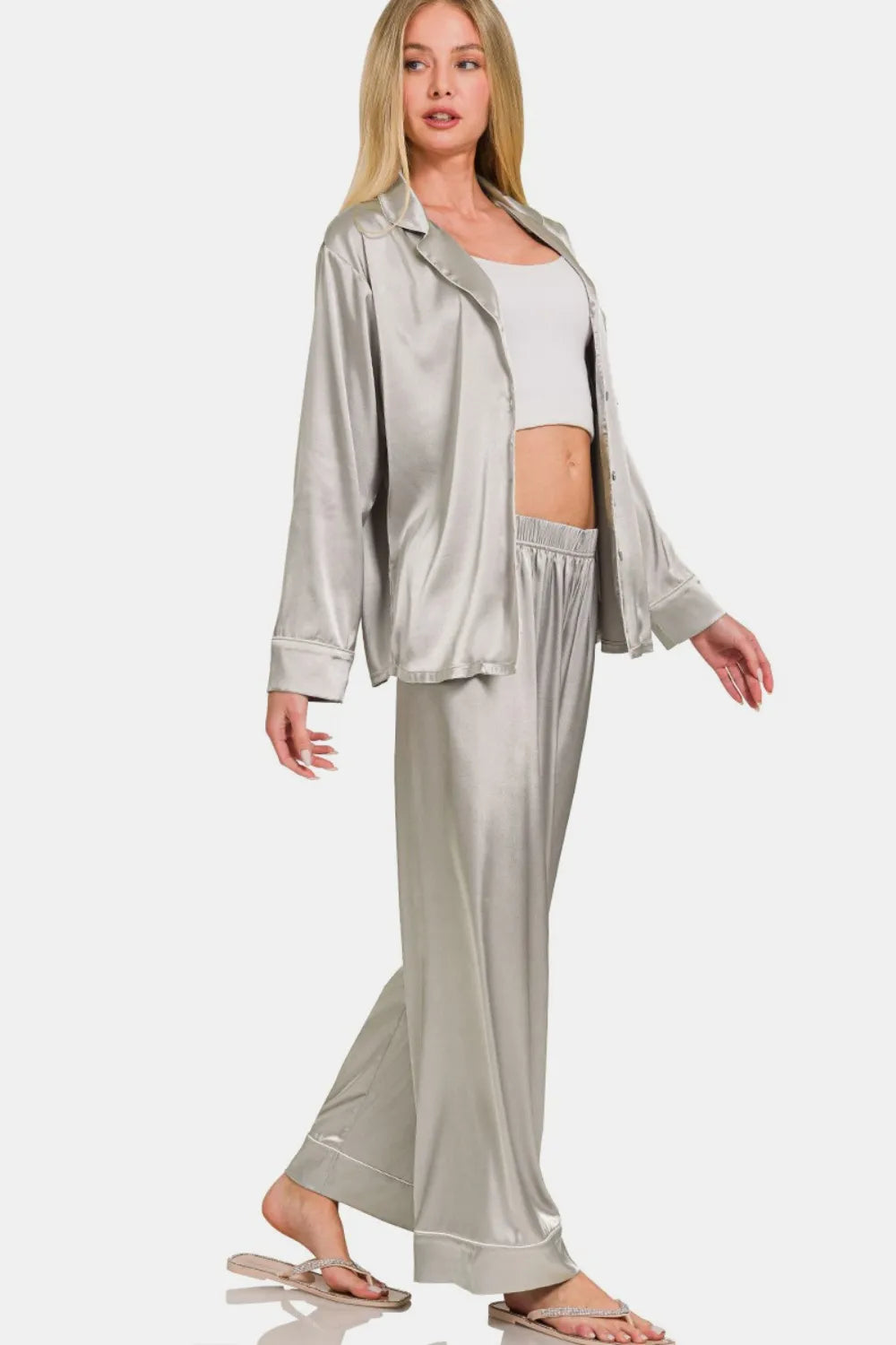 Silver satin pajama shirt and wide-leg pants set with open-front styling