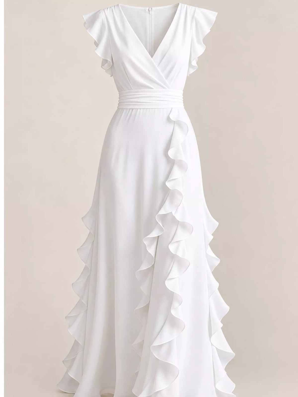 White sleeveless maxi dress detail, high waist sash and layered ruffle skirt