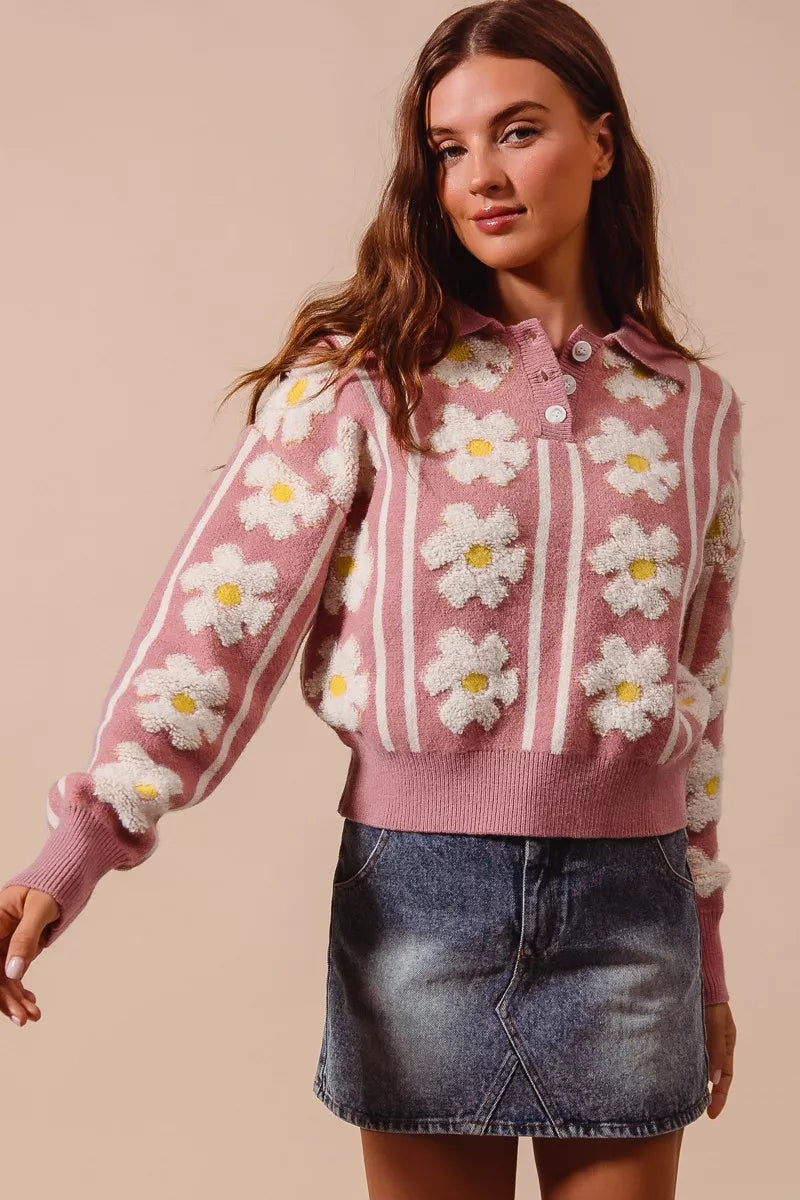 Mauve floral stripe polo-collar sweater with button placket and long sleeves
