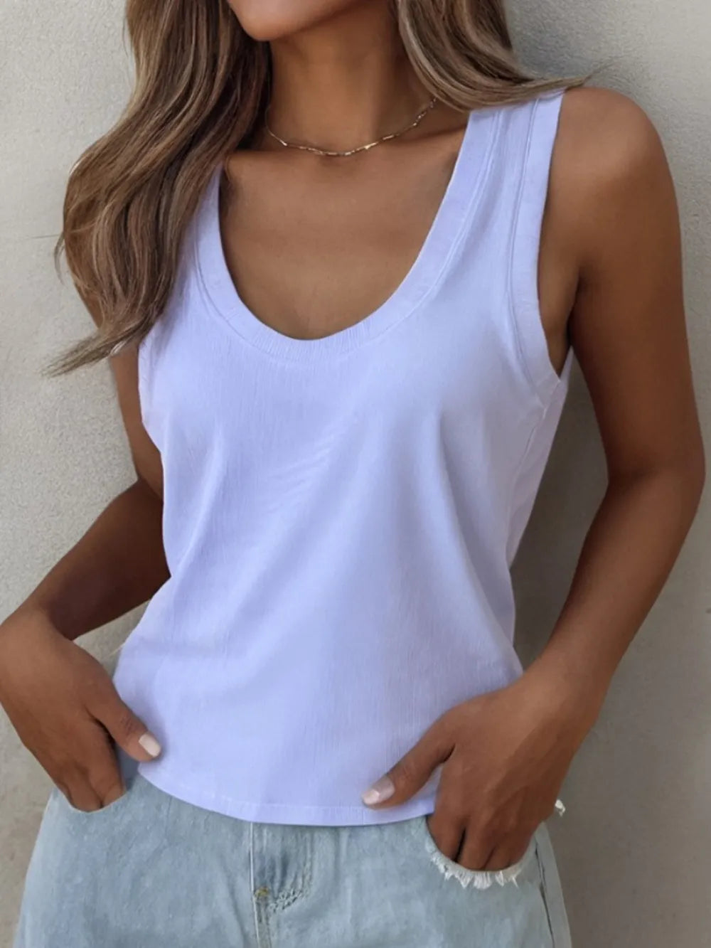 Solid scoop neck tank, sleeveless, light lavender scoop neckline