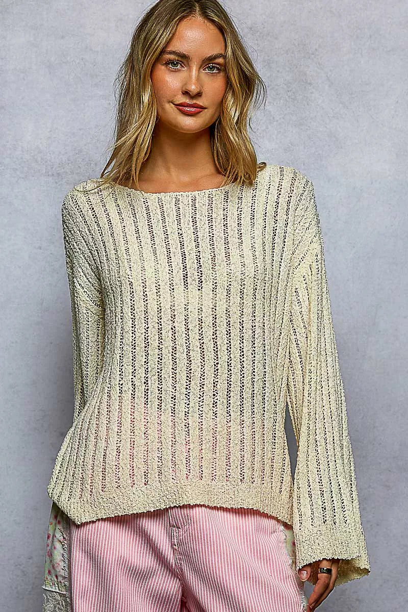 Cedar & Moore POL Round Neck Long Sleeve Open Weave Sweater in cream knit