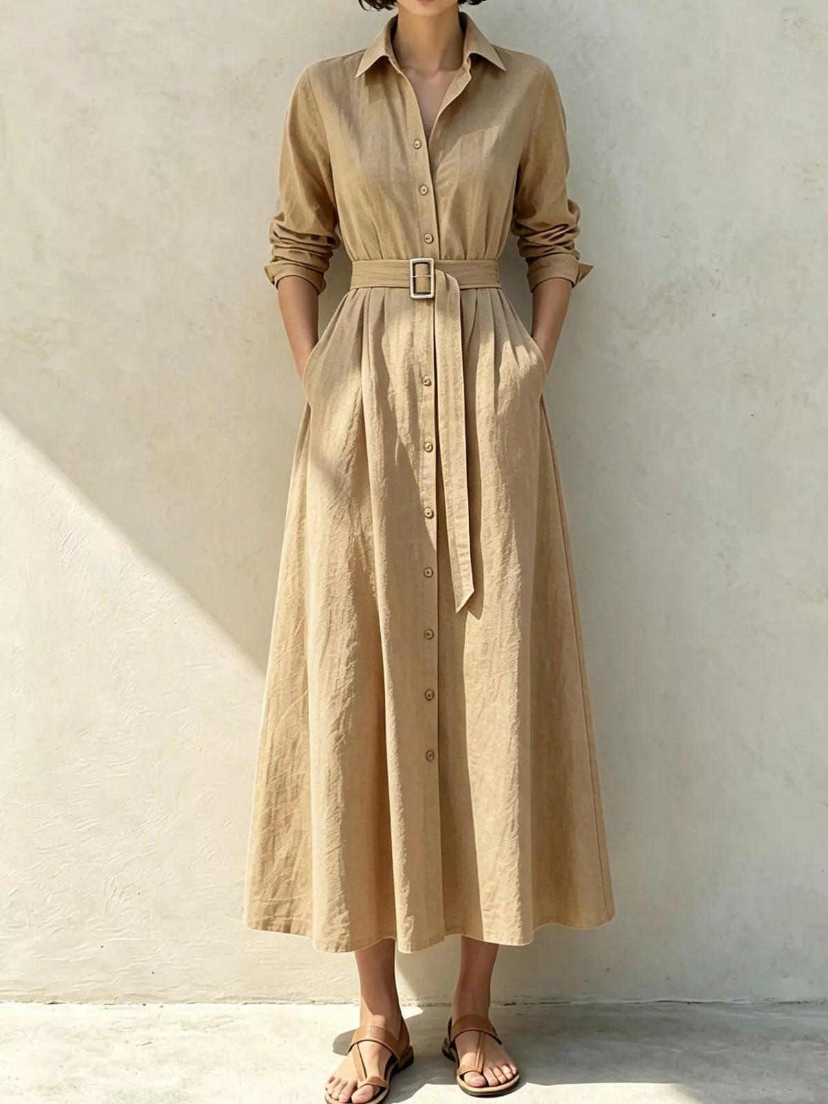 Tan button-front midi shirt dress with belt buckle and patch pockets