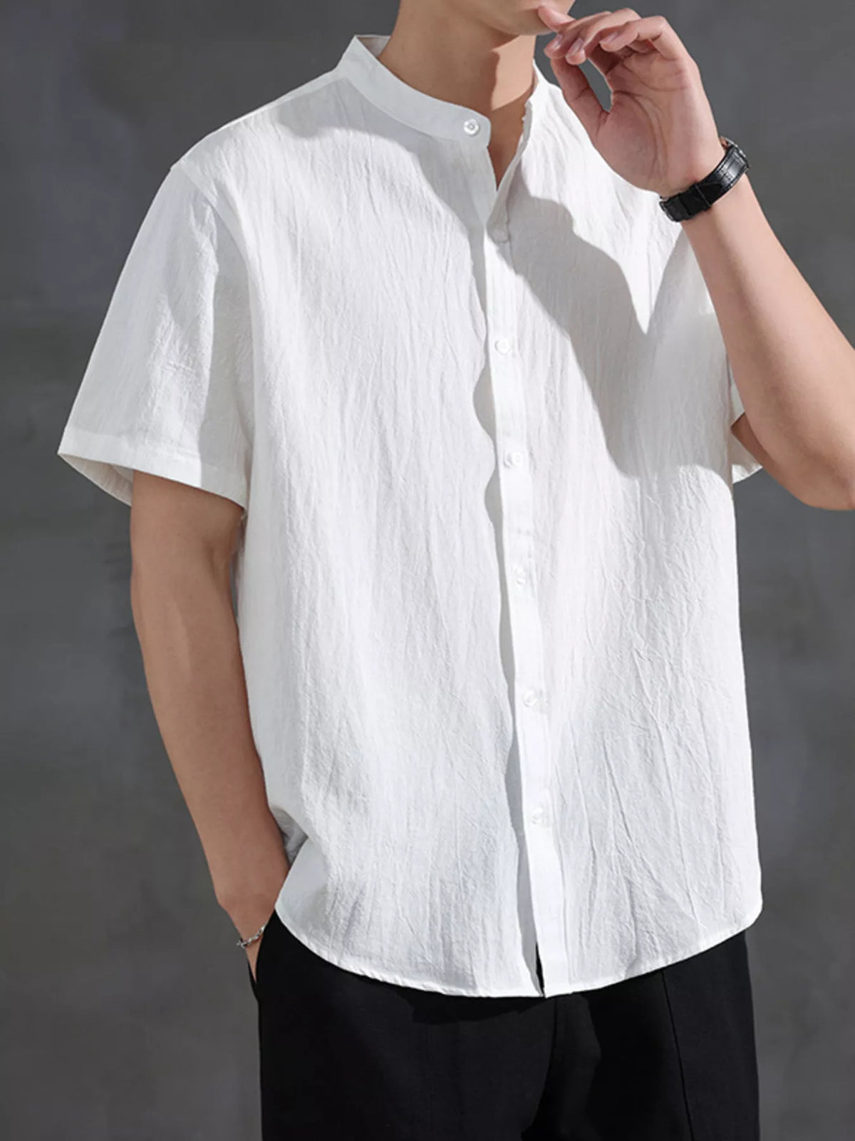 White short-sleeve button-front cotton-blend shirt with band collar