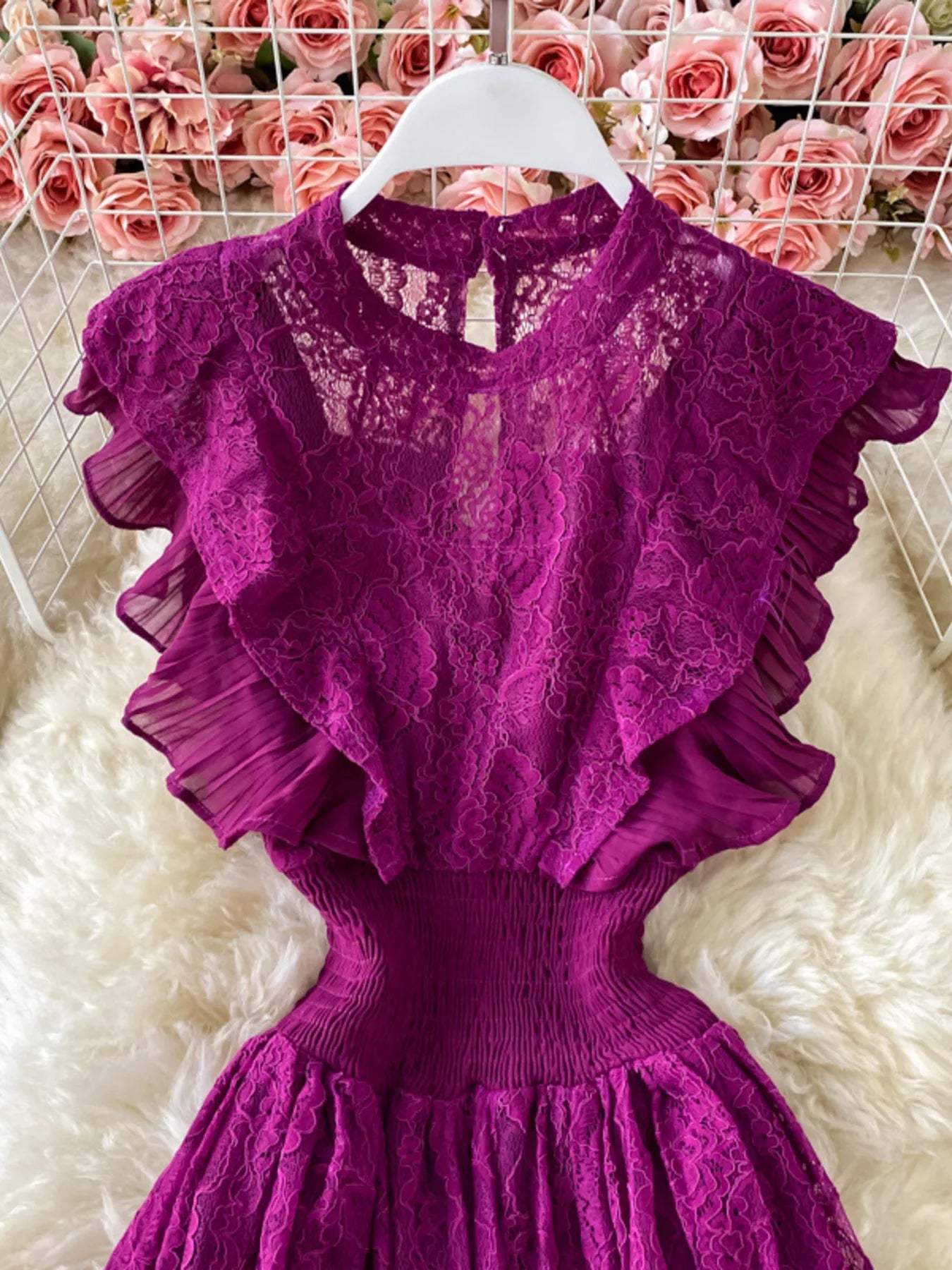 Cedar & Moore Ruffled Mock Neck Lace Maxi Dress in magenta; lace bodice with flutter sleeves