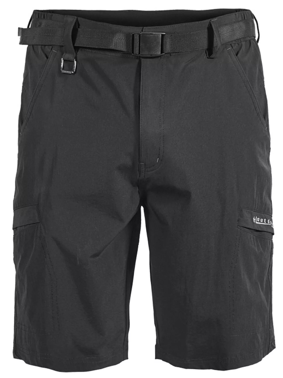 Black cargo shorts, flat front view, belt loops, side cargo pockets, and button waist