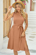 Camel sleeveless round-neck dress with tied waist and midi skirt