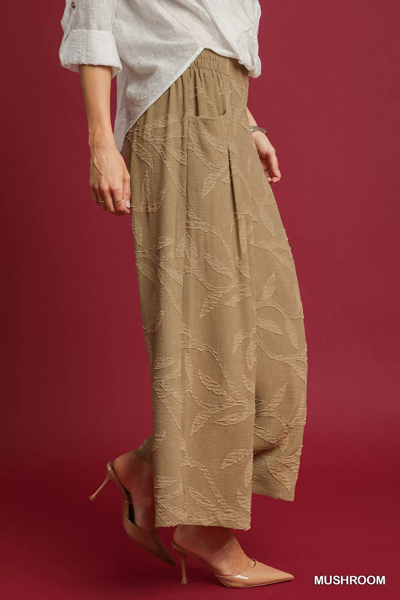 Mushroom jacquard wide-leg pants with elastic waist, draping full-length legs